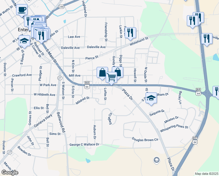 map of restaurants, bars, coffee shops, grocery stores, and more near 608 East Park Avenue in Enterprise