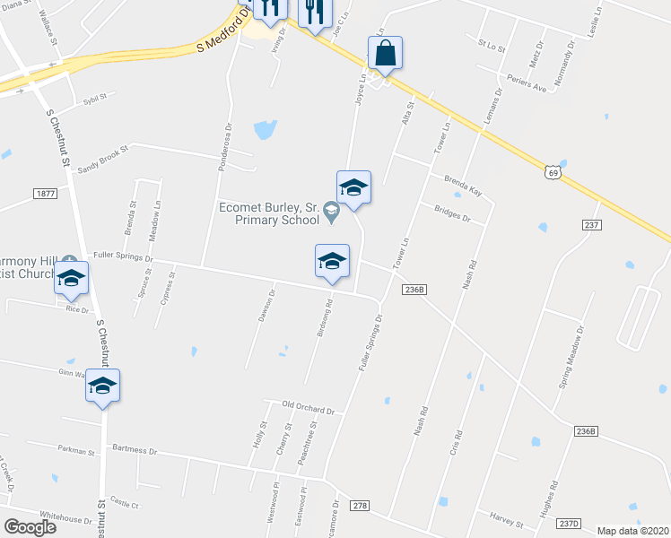 map of restaurants, bars, coffee shops, grocery stores, and more near 1305 Fuller Springs Drive in Lufkin