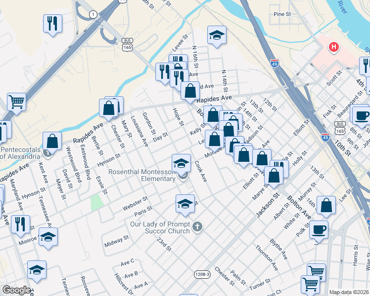 map of restaurants, bars, coffee shops, grocery stores, and more near 1916 Levin Street in Alexandria