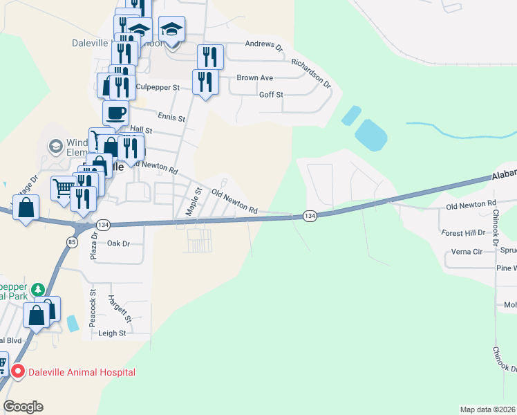 map of restaurants, bars, coffee shops, grocery stores, and more near 609 Alabama 134 in Daleville