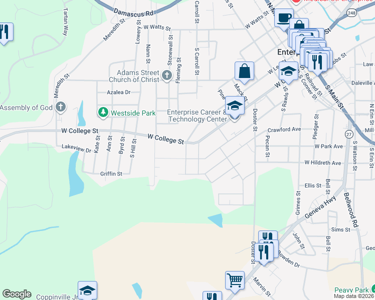 map of restaurants, bars, coffee shops, grocery stores, and more near 805 Alabama Street in Enterprise