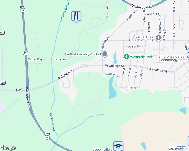 map of restaurants, bars, coffee shops, grocery stores, and more near 300 Lakeview Drive in Enterprise