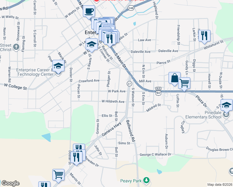 map of restaurants, bars, coffee shops, grocery stores, and more near 202 Bell St in Enterprise