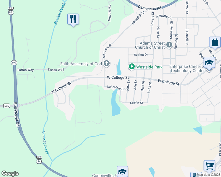 map of restaurants, bars, coffee shops, grocery stores, and more near 201 Lakeview Drive in Enterprise