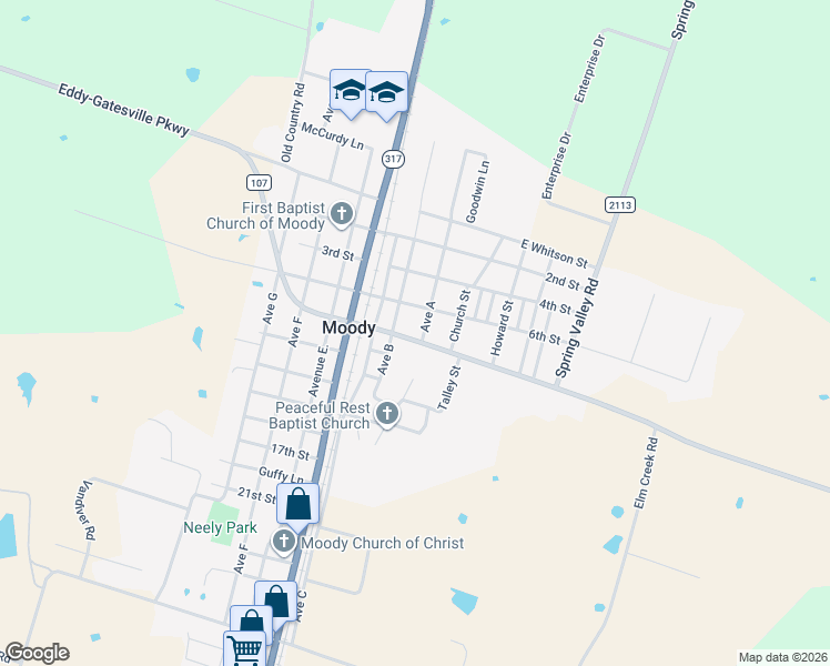 map of restaurants, bars, coffee shops, grocery stores, and more near 207 8th Street in Moody