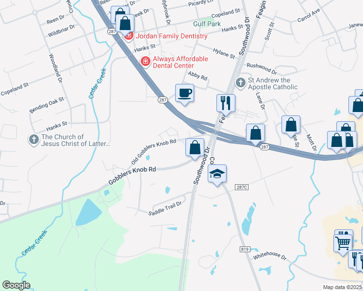 map of restaurants, bars, coffee shops, grocery stores, and more near 1111 Old Gobblers Knob Road in Lufkin