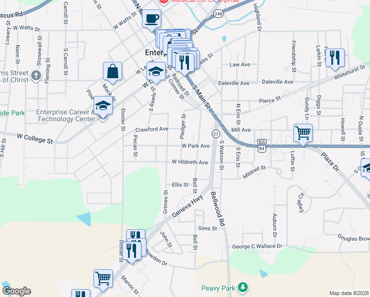 map of restaurants, bars, coffee shops, grocery stores, and more near 206 Pledger Street in Enterprise