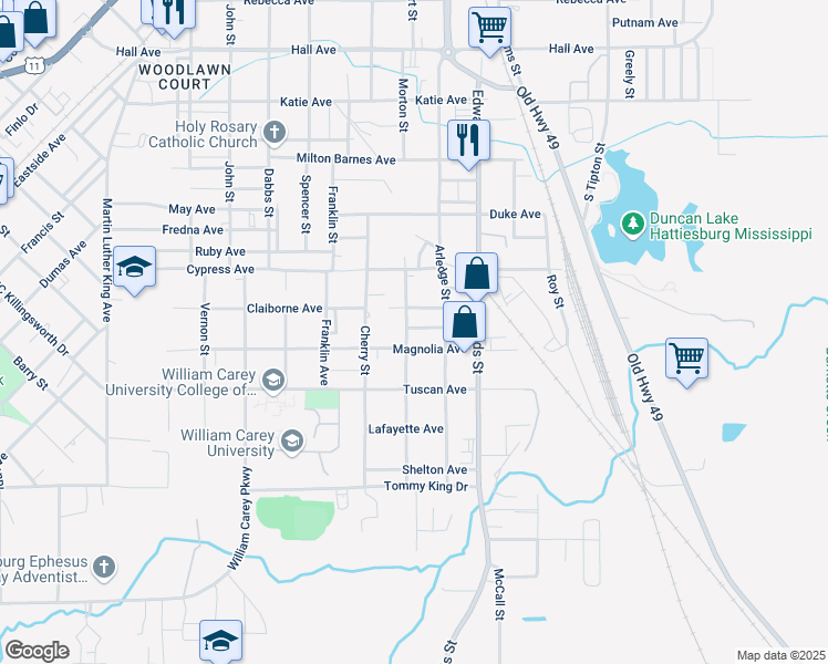 map of restaurants, bars, coffee shops, grocery stores, and more near 214 Chestnut Avenue in Hattiesburg