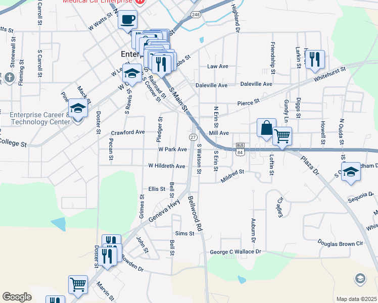map of restaurants, bars, coffee shops, grocery stores, and more near 200 Geneva Highway in Enterprise