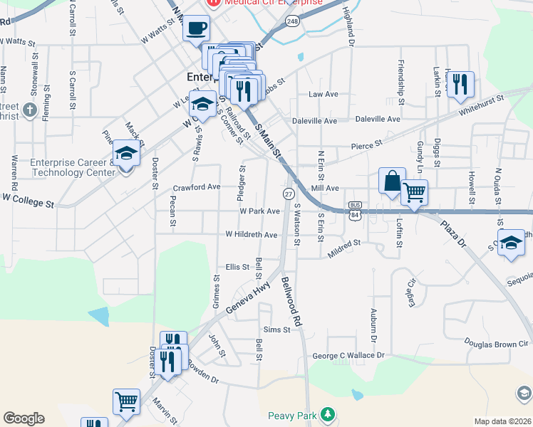 map of restaurants, bars, coffee shops, grocery stores, and more near 202 Bell Street in Enterprise