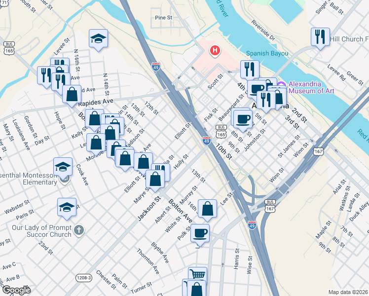 map of restaurants, bars, coffee shops, grocery stores, and more near 1205 Magnolia Street in Alexandria