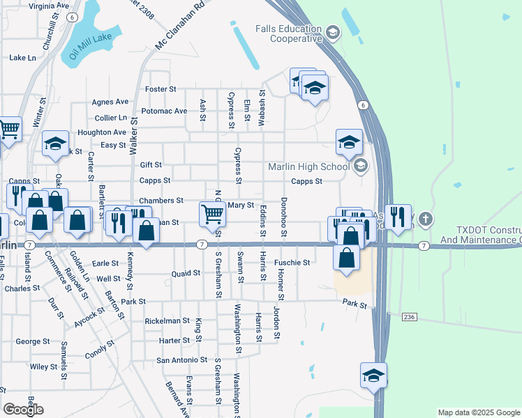 map of restaurants, bars, coffee shops, grocery stores, and more near 215 Eddins Street in Marlin