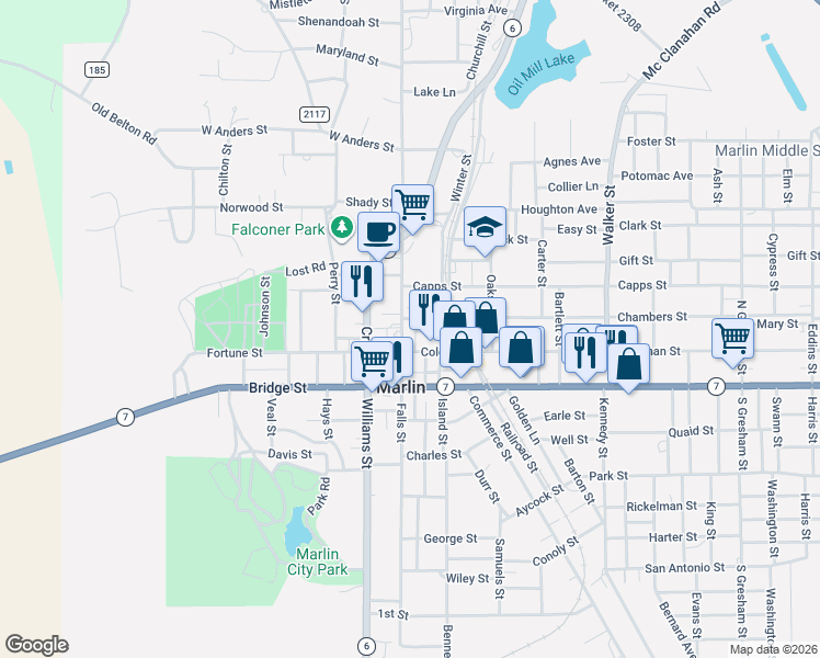 map of restaurants, bars, coffee shops, grocery stores, and more near 129 Coleman Street in Marlin
