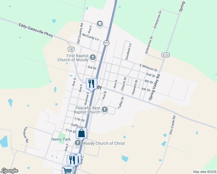 map of restaurants, bars, coffee shops, grocery stores, and more near 207 8th Street in Moody