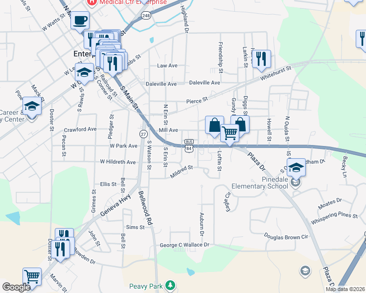 map of restaurants, bars, coffee shops, grocery stores, and more near 406 East Park Avenue in Enterprise