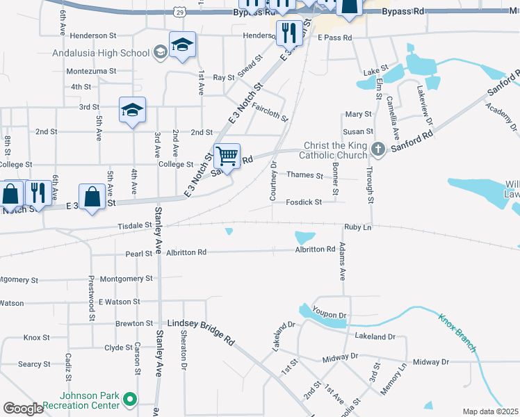 map of restaurants, bars, coffee shops, grocery stores, and more near Owens Street in Andalusia