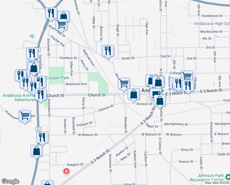 map of restaurants, bars, coffee shops, grocery stores, and more near 301 Church Street in Andalusia