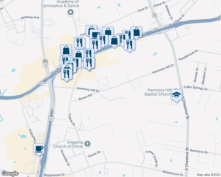 map of restaurants, bars, coffee shops, grocery stores, and more near Farm to Market Road 1877 in Lufkin