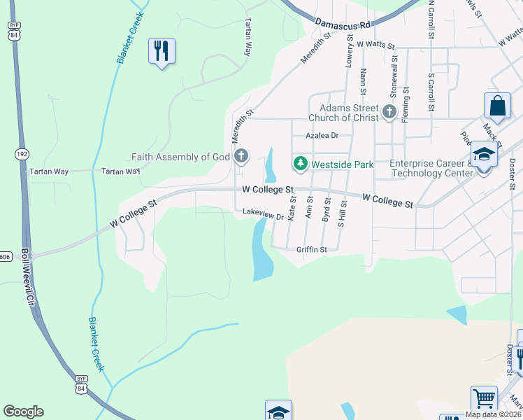 map of restaurants, bars, coffee shops, grocery stores, and more near 201 Lakeview Drive in Enterprise