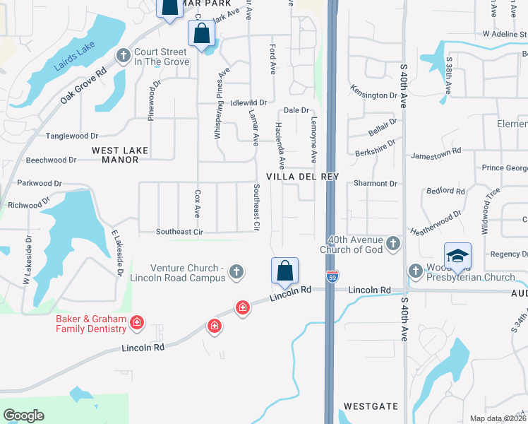 map of restaurants, bars, coffee shops, grocery stores, and more near 612 Southeast Circle in Hattiesburg