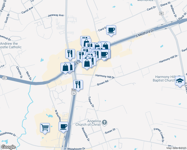 map of restaurants, bars, coffee shops, grocery stores, and more near Farm to Market Road 1877 in Lufkin
