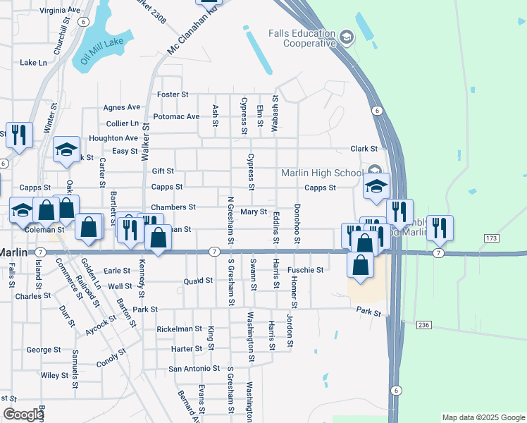map of restaurants, bars, coffee shops, grocery stores, and more near 215 Eddins Street in Marlin