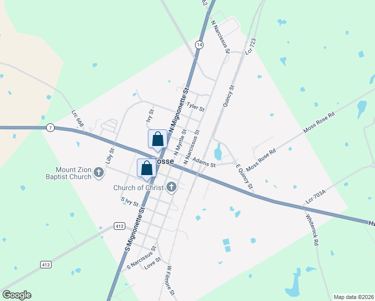 map of restaurants, bars, coffee shops, grocery stores, and more near 107 Adams Street in Kosse