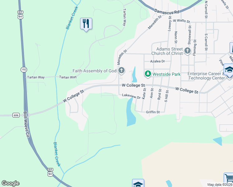 map of restaurants, bars, coffee shops, grocery stores, and more near 300 Lakeview Drive in Enterprise