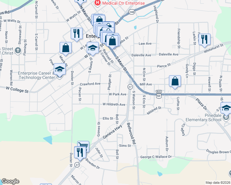 map of restaurants, bars, coffee shops, grocery stores, and more near 202 Bell Street in Enterprise