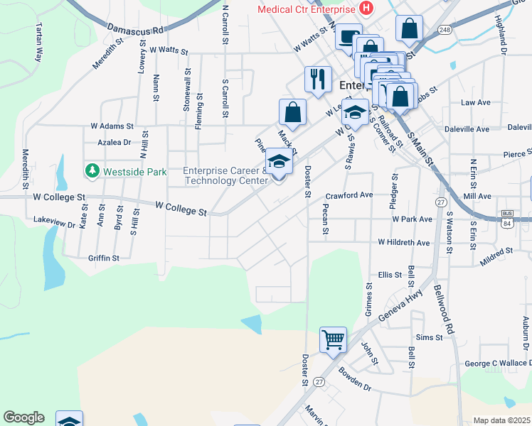 map of restaurants, bars, coffee shops, grocery stores, and more near 101-199 Glenn St in Enterprise