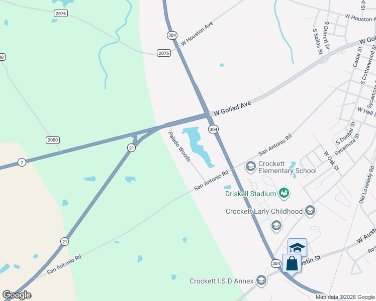 map of restaurants, bars, coffee shops, grocery stores, and more near 223 Palado Woods in Crockett