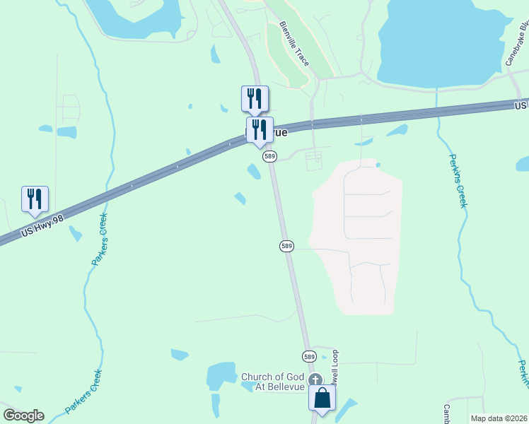 map of restaurants, bars, coffee shops, grocery stores, and more near 2949 Mississippi 589 in Hattiesburg