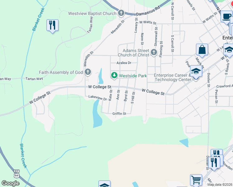 map of restaurants, bars, coffee shops, grocery stores, and more near 104 Ann Street in Enterprise