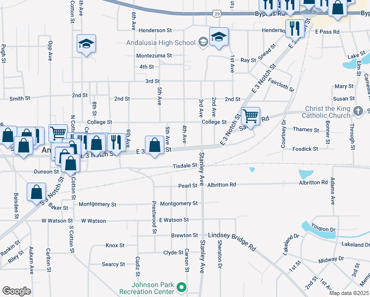 map of restaurants, bars, coffee shops, grocery stores, and more near 112 4th Avenue in Andalusia