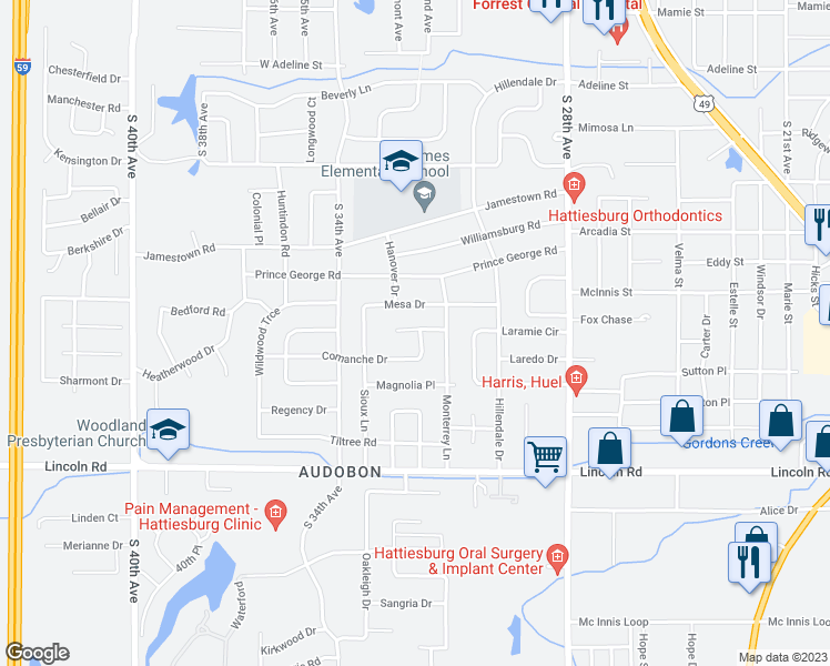 map of restaurants, bars, coffee shops, grocery stores, and more near 3006 Navajo Circle in Hattiesburg