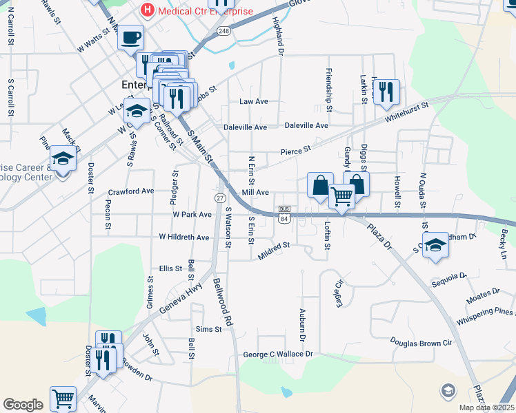 map of restaurants, bars, coffee shops, grocery stores, and more near 314 East Park Avenue in Enterprise