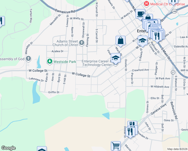 map of restaurants, bars, coffee shops, grocery stores, and more near 805 Alabama Street in Enterprise