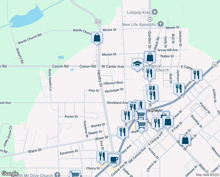 map of restaurants, bars, coffee shops, grocery stores, and more near 416 Hillcrest Boulevard in Blackshear