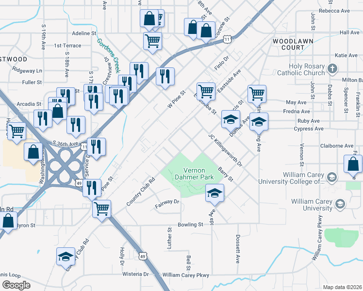 map of restaurants, bars, coffee shops, grocery stores, and more near 108 Graham Street in Hattiesburg