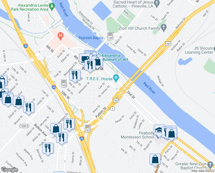 map of restaurants, bars, coffee shops, grocery stores, and more near 330 St James St in Alexandria