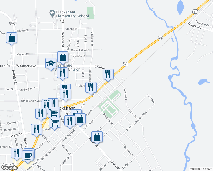 map of restaurants, bars, coffee shops, grocery stores, and more near 3728 U.S. 84 in Blackshear
