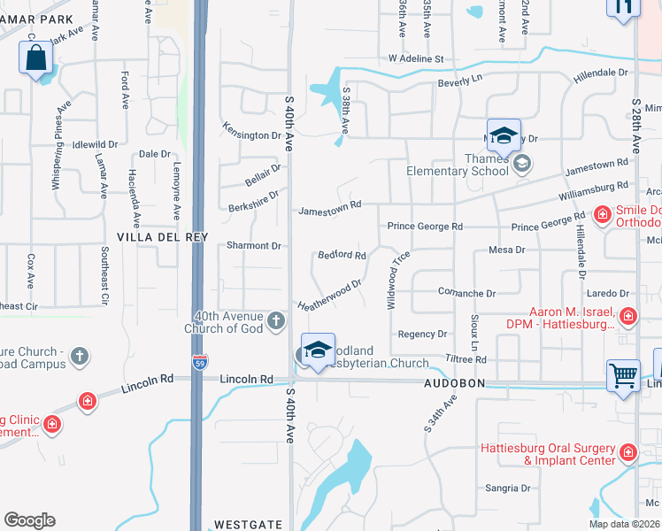 map of restaurants, bars, coffee shops, grocery stores, and more near 109 Bedford Rd in Hattiesburg