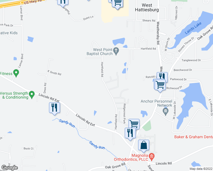 map of restaurants, bars, coffee shops, grocery stores, and more near 215 Hartfield Road in Hattiesburg