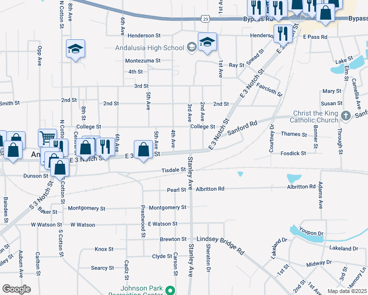 map of restaurants, bars, coffee shops, grocery stores, and more near 112-198 4th Avenue in Andalusia