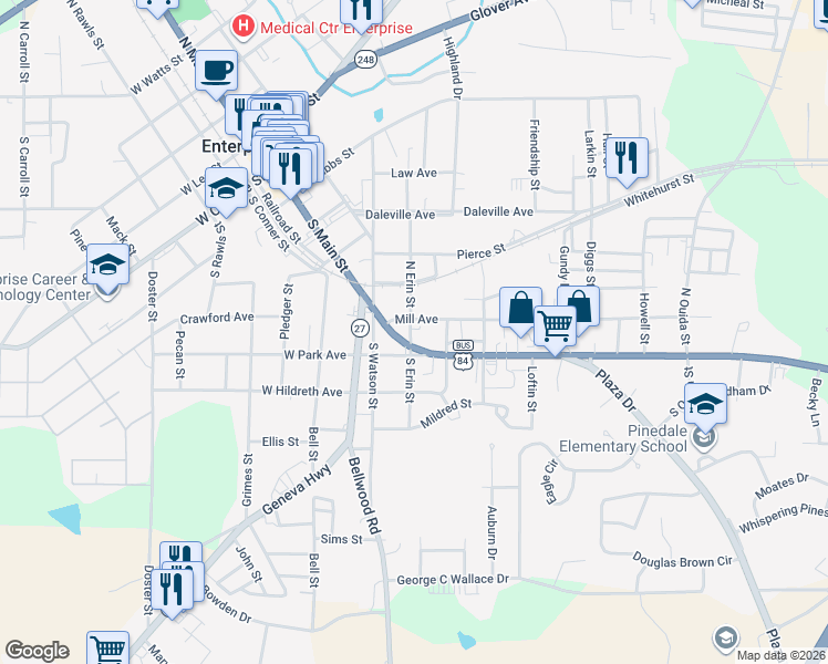 map of restaurants, bars, coffee shops, grocery stores, and more near 205 Mill Avenue in Enterprise