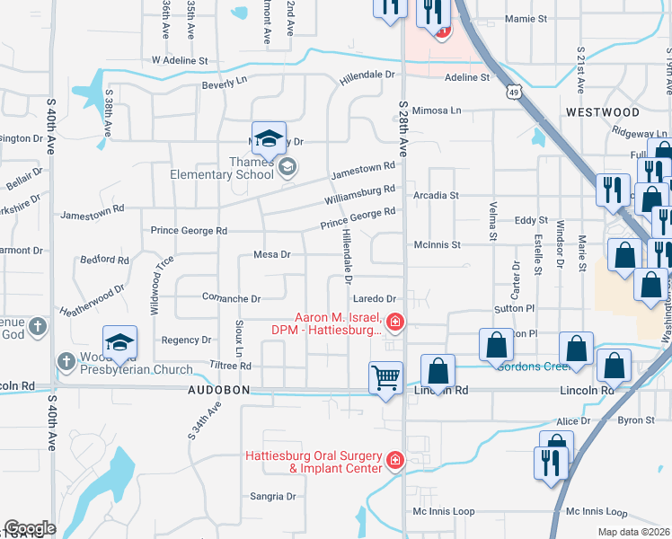 map of restaurants, bars, coffee shops, grocery stores, and more near 611 Hillendale Drive in Hattiesburg