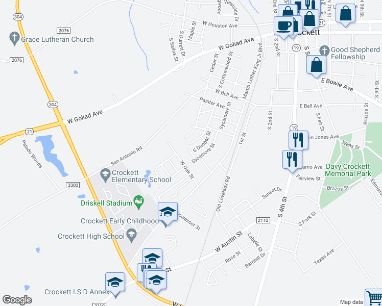 map of restaurants, bars, coffee shops, grocery stores, and more near Hackett in Crockett