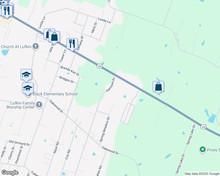 map of restaurants, bars, coffee shops, grocery stores, and more near 347 Garrison Drive in Lufkin