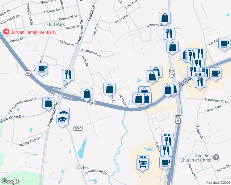 map of restaurants, bars, coffee shops, grocery stores, and more near 148 Christopher Drive in Lufkin