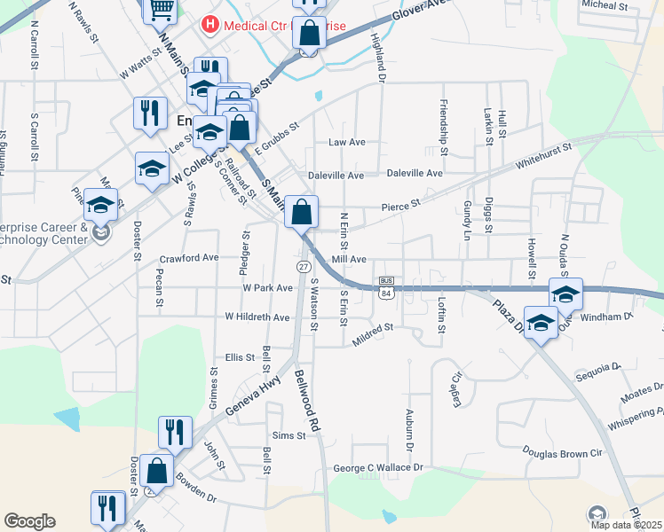 map of restaurants, bars, coffee shops, grocery stores, and more near 501 South Main Street in Enterprise
